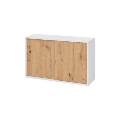 bümö Schiebetürenschrank 2OH - Aktenschrank abschließbar, Sideboard Schrank mit Schiebetüren in Weiß/Asteiche, Bügelgriff - Büroschrank aus Holz mit Image