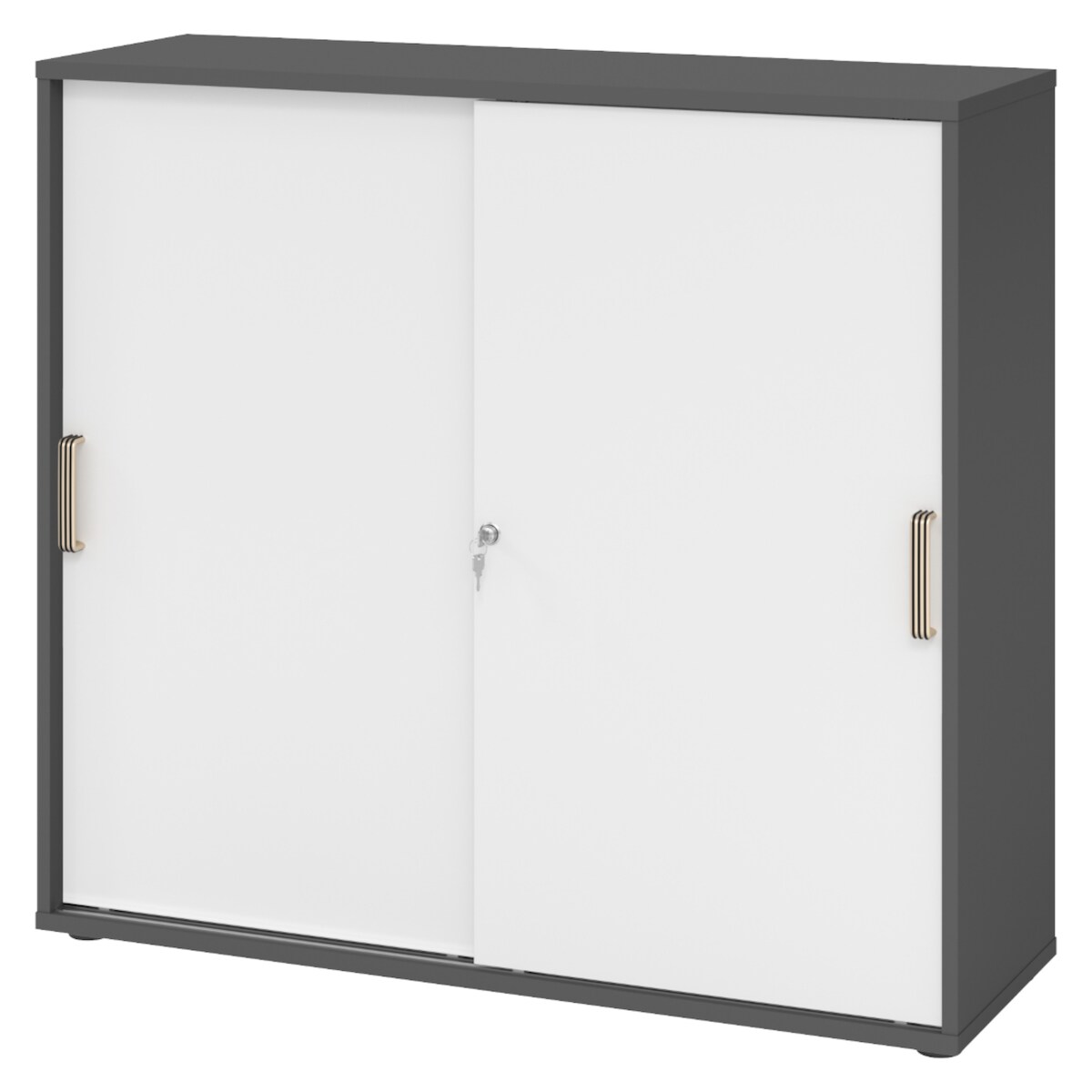 bümö Schiebetürenschrank 3OH - Aktenschrank abschließbar, Sideboard Schrank mit Schiebetüren in Graphit/Weiß, Streifengriff - Büroschrank aus Holz Image
