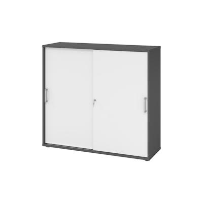 bümö Schiebetürenschrank 3OH - Aktenschrank abschließbar, Sideboard Schrank mit Schiebetüren in Graphit/Weiß, Chromgriff - Büroschrank aus Holz mit Image