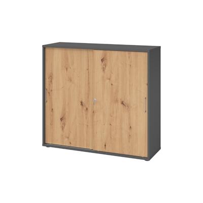 bümö Schiebetürenschrank 3OH - Aktenschrank abschließbar, Sideboard Schrank mit Schiebetüren in Graphit/Asteiche, Bügelgriff - Büroschrank aus Holz Image