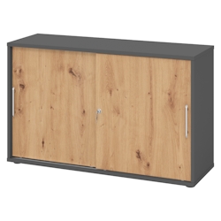 bümö Schiebetürenschrank 2OH - Aktenschrank abschließbar, Sideboard Schrank mit Schiebetüren in Graphit/Asteiche, Relinggriff - Büroschrank aus Holz Image