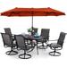 6 Pieces Outdoor Dining Set with Umbrella Patio Furniture Set with 4 Sling Dining Swivel Chairs 1 x 37 Wood-Like Table and 1 x 10ft 3 Tiers Umbrella (Beige)