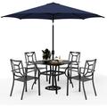 VILLA 7 Piece Outdoor Dining Set with Umbrella for 6 60\u201D Rectangular Metal Dining Table & 6 Stackable Metal Chairs & 13ft Large Beige Umbrella for Outdoor Deck Yard Porch