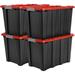 V12 16Gal Heavy Duty Plastic Storage Bins With Latching Lids Stackable Tough Tote Storage Box Containers With Lock Hole & Handle For Garage Workshop Metal Rack (Black Base/Red Lid 4Pack)