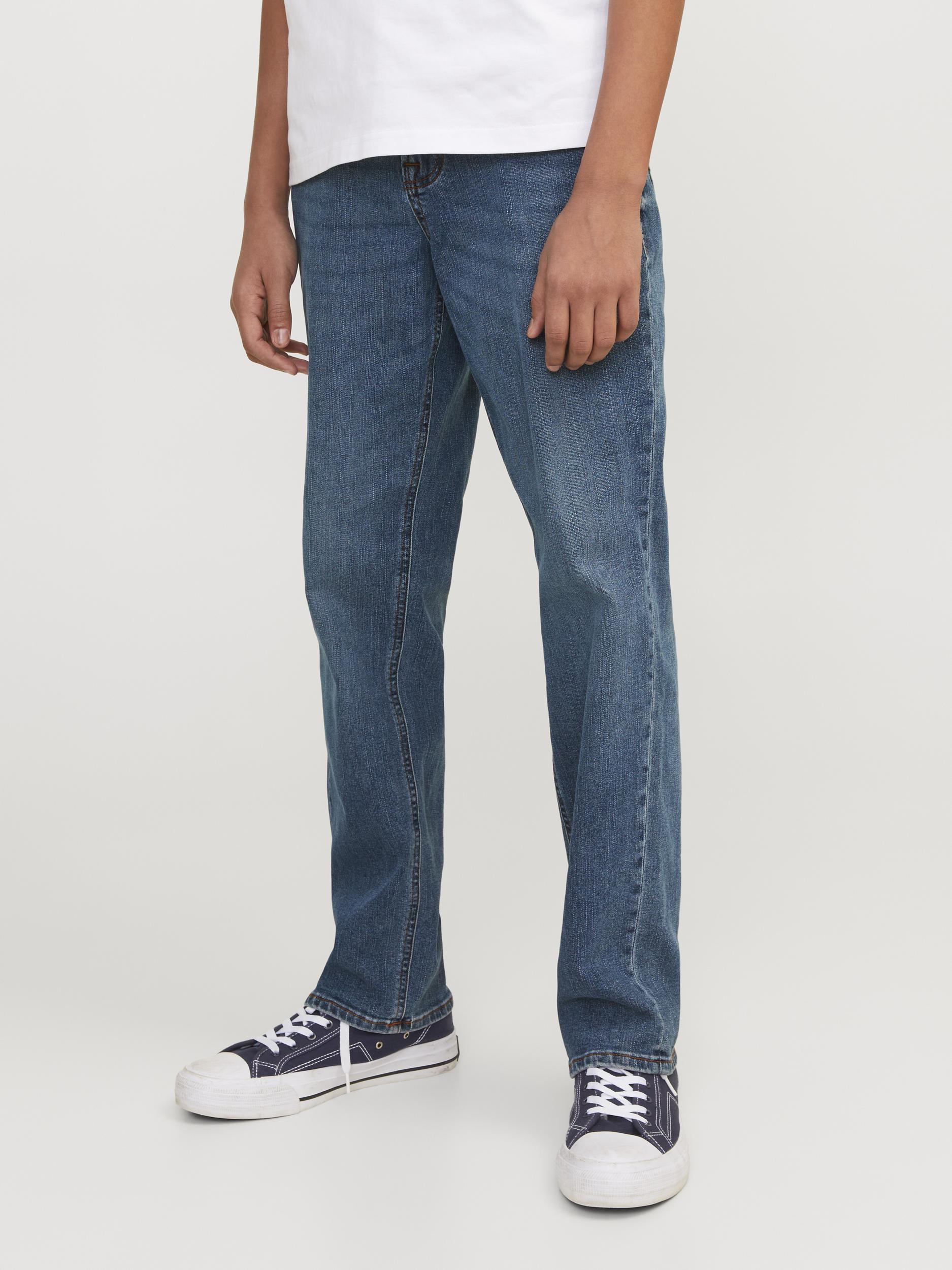 Regular-fit-Jeans JACK & JONES JUNIOR "JJICLARK JJORIG STRETCH SQ 223 NOOS JNR", Jungen, Gr. 158, N-Gr, blau (blau denim), Denim/Jeans, Obermaterial: 76% Baumwolle, 22% Polyester, 2% Elasthan, Abriebeffekte, Basic, regular fit knöchellang, Jeans Image