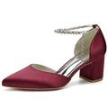 DEHIWI Women Pointed Toe Low Chunky Heel Pump Rhinestones Ankle Strap Satin Wedding Bridal Evening Party Dress Shoes Sandals,Wine Red,8 UK