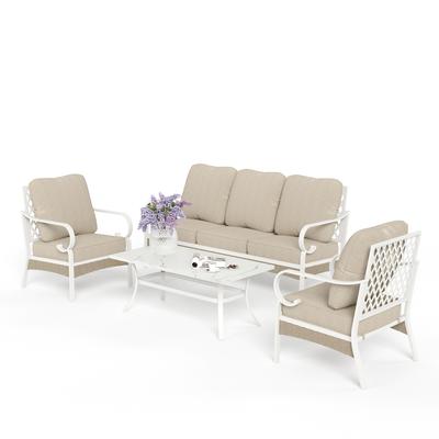 MAISON ARTS 5-Seat Patio Furniture Set, 2 x Cushioned Metal Chair, 1 x 3-Seat Sofa with Marbling Coffee Table