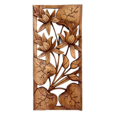 Love Lotus,'Hand Crafted Wood Floral Relief Panel'