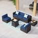 8 Pieces Patio Furniture Set with 45 Plate Embossing Propane Fire Table Outdoor PE Rattan Sectional Sofa Set Patio Gas Fire Pit Conversation Set with Blue Cushions & Glass Table