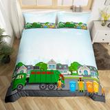 Garbage Truck Bedding Set Queen Size Toddler Green Truck Duvet Cover for Kids Boys Powered Waste Management Recycling Trash Truck Comforter Cover City Waste Recycling Quilt Cover Microfibre Soft
