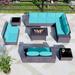 8PCS Outdoor Patio Furniture Set with 43 55000BTU Gas Propane Fire Pit Table PE Wicker Rattan Sectional Sofa Patio Conversation Sets Navy Blue