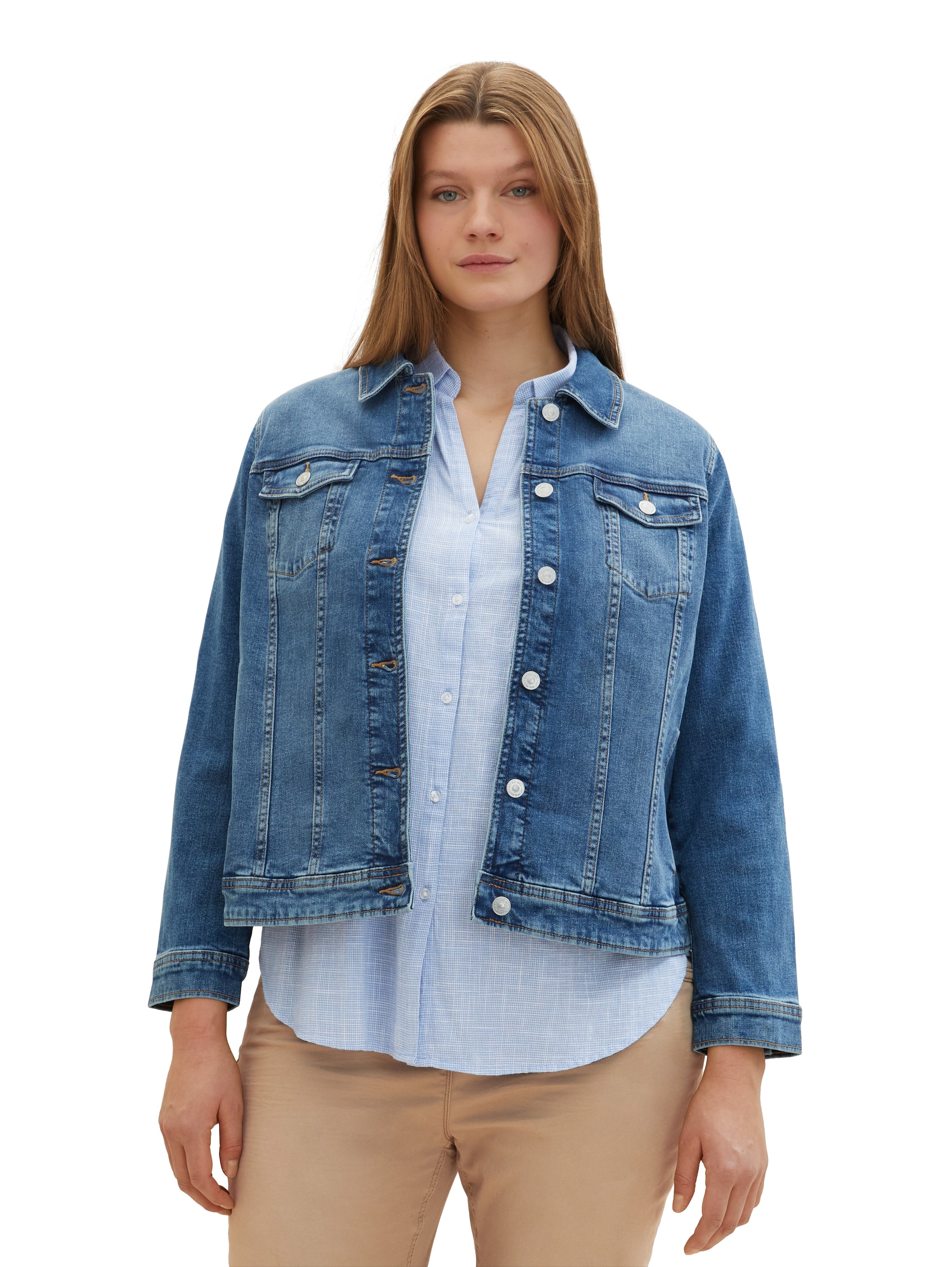 Jeansjacke TOM TAILOR PLUS, Damen, Gr. 46, blau (blau denim), Denim/Jeans, Obermaterial: 98% Baumwolle, 2% Elasthan, unifarben, Casual, normal hüftbedeckend, Rundhals, 1-Knopf-Manschette, Jacken, mit Knopfleiste und Stretch