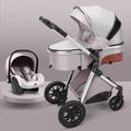 Luxury Baby Carriage Stroller and Car Seat Combo,Travel Stroller 3 in 1 Lightweight Infant Pram with Foot Covers,Reclining or Sitting Modes,Shock-Absorbing Rubber Wheels (Color : Light Grey)