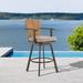 Hazel Outdoor Patio Swivel Counter Stool in Aluminum with Teak Wood and Cushions