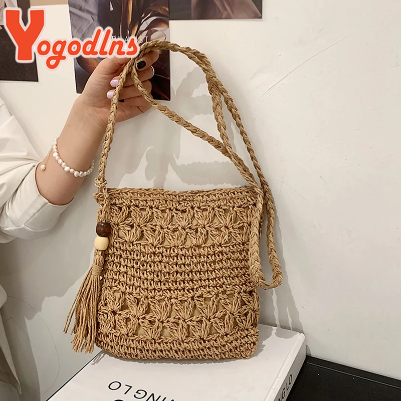 Yogodlns bohème sac de paille femmes décontracté voyage sacs de plage mode à la main sac à bandoulière tricoté sac à bandoulière gland sac à main