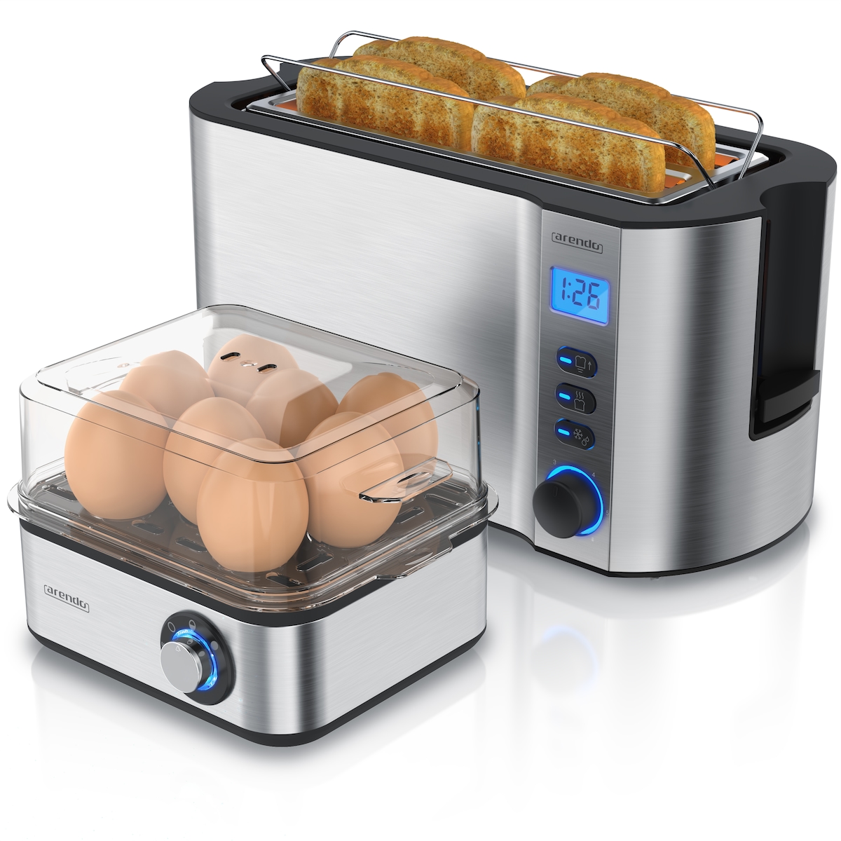 Arendo Frühstücksset 2-teilig, 4-Scheiben Langschlitztoaster, 8er Eierkocher, Silber Image