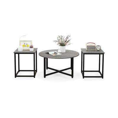 Costway 3-Piece Coffee Table Set Round Coffee Table and 2PCS Square End Tables-Gray