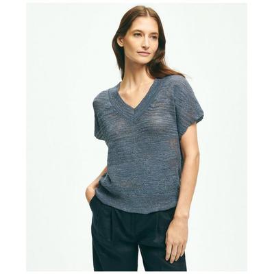 Brooks Brothers Women's Relaxed V-Neck Short-Sleeve Sweater In Linen Lurex | Blue | Size XS