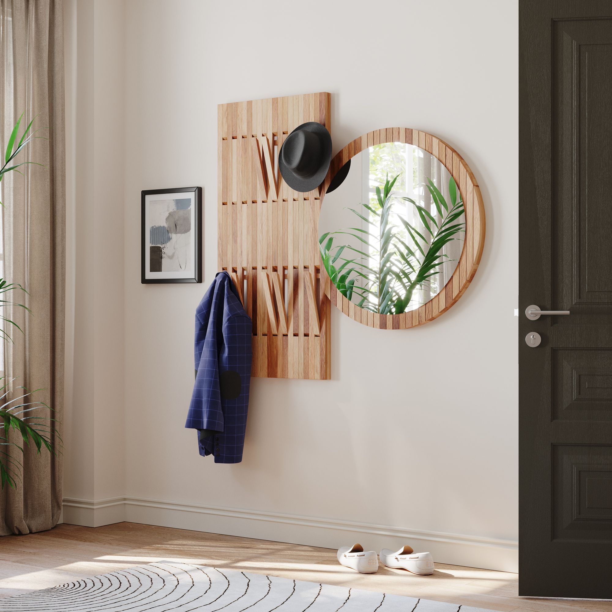 BlackWood »Piaforte Round« Massivholz Design-Garderobe Spiegel Weiss