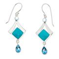 Mixed Blues,'Turquoise and Blue Topaz 950 Silver Dangle Earrings'