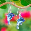 Dolphin Magic,'Handblown Dolphin-Shaped Glass Dangle Earrings in Blue'