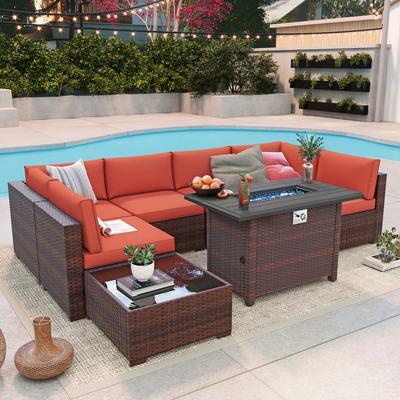 Outdoor 8 Pieces Sectional Wicker Sofa Set with Fire Pit