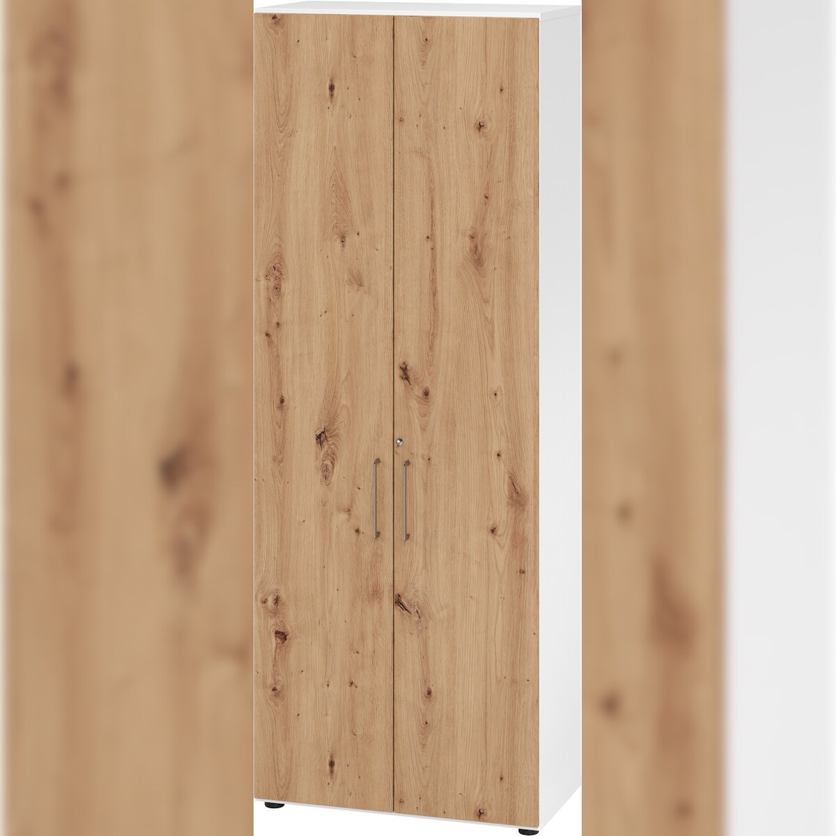 bümö Aktenschrank abschließbar, Büroschrank Holz 80cm breit in Weiß/Asteiche - abschließbarer Schrank mit Aktenregal für's Büro & Arbeitszimmer, Büro