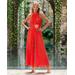 Boston Proper - Caliente Red - High Neck Pleated Jumpsuit with Floral Belt - 4
