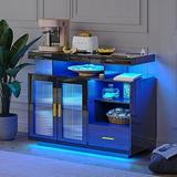 TJUNBOLIFE 39.4 Modern LED Sideboard Buffet Cabinet with Charging Station High Glossy Cupboard with Body Sensor Light Coffee Cabinet with Acrylic Panel for Living Room Kitchen (W