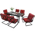 7 Piece Outdoor Patio Dining Set 6 Spring Motion Cushion Chairs 1 Rectangular Table with 1.57 Umbrella Hole Furniture Sets for Lawn Backyard Garden Red