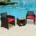 3 Pieces PE Rattan Wicker Furniture Set with Cushion Sofa Coffee Table for Garden-Red