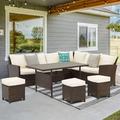 Superjoe Patio Furniture Conversation Set 7 Piece High Curved Back All Weather Wicker Outdoor Dining Sectional Sofa with Dining Table and Chair Ivory