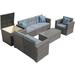 Patio 8 Pieces Patio Furniture Set Outdoor Sectional Sofa PE Wicker Patio Conversation Sets with Storage Box Coffee Table Three Red Pillows Brown