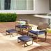 LOKATSE 5-Piece Wicker Outdoor Conversation Set Patio PE Rattan All Weather Cushioned Chairs Balcony Porch with Ottoman and Glass Coffee Side Table Blue