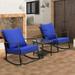 TJUNBOLIFE Patio PE Wicker Rocking Chair 3 Piece Outdoor Bistro Set Conversation Dark Brown Rattan with Glass Coffee Table Blue Cushion