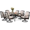 & William Patio Table and Chairs with 13ft Double-Sided Umbrella 8 Piece Outdoor Dining Furniture Set with 6 Padded Swivel Rocker Dining Chairs 1 Rectangular Metal Patio Table and 1