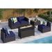 6 Pieces Outdoor Patio Furniture Set with 45 Plate Embossing Propane Fire Pit Table Outdoor Wicker Sectional Sofa Conversation Set with Blue Cushions & Coffee Table