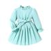 Huakaishijie 4-7Y Toddler Kids Girl Casual Long Sleeve Ruffle Collar Pleated Dress Flared Belted A-Line Dress