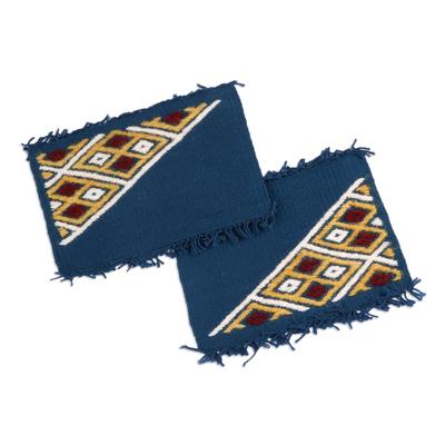 '2 Blue Cotton Coasters with Hand-Embroidered Geom...