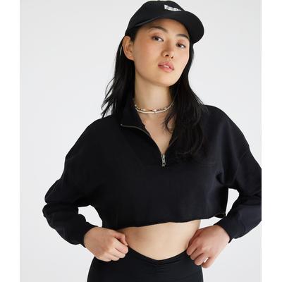 Aeropostale Womens' Ribbed Cropped Half-Zip Sweatshirt - Black - Size XXL - Cotton