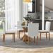 5-Piece Farmhouse Style Dining Table Set, Marble Sticker and Cross Bracket Pedestal Dining Table, and 4 Upholstered Chairs