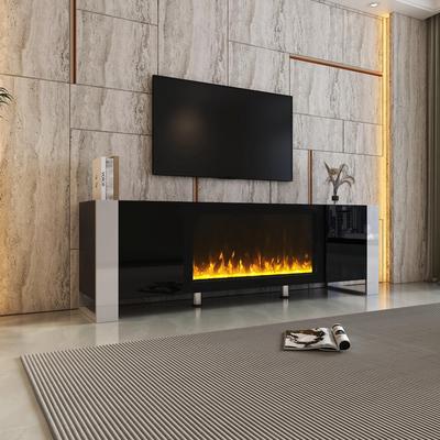 Glossy TV Stand with Non-Heating Electric Fireplace, 2 Cabinets