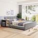 Full Size Velvet Upholstered Platform Bed w/ Bedside Desk & Stool, Mother & Child Platform Bed Frame w/ Footboard & Guardrail