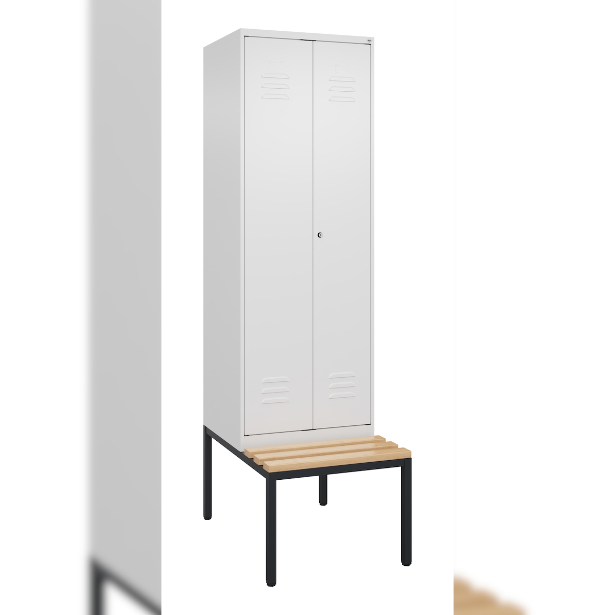 C+P Schwarz-Weiß-Spind Classic PLUS, Bank, 2 Abteile, 2120x600x815mm, 9016/9016 Image