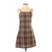 Romwe Casual Dress - A-Line Square Sleeveless: Brown Plaid Dresses - Women's Size 4