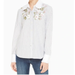 Kate Spade Tops | Kate Spade Fresh White Floral Embroidered Striped Ruffle Button Down Top Size Xs | Color: Black/White | Size: Xs