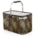 Leopard Print Collapsible Market Basket, Portable Shopping Basket Large Laundry Basket Heavy Duty Camping Grocery Bags with Handles Folding Picnic Basket for Travel Shopping Beach