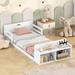 Twin Size Floor Bed with Storage Footboard and Guardrail, Sturdy Pine Wood Construction, Large Storage Cabinet and Shelf