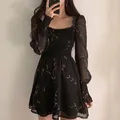 Robe en mousseline de soie noire sexy pour femmes robes à manches longues bouffantes mini robe