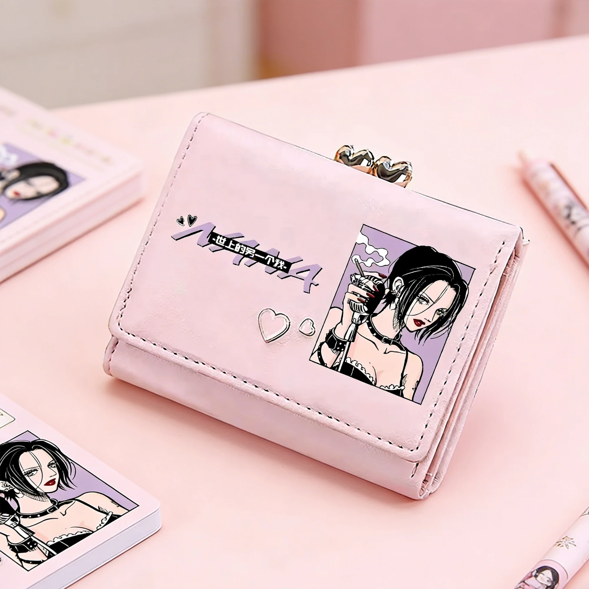 Porte-monnaie Anime NANA pour filles, porte-cartes rose, jolies petites bourses, sacs à monnaie pour femmes, pochettes à main à imprimé rose dessin animé